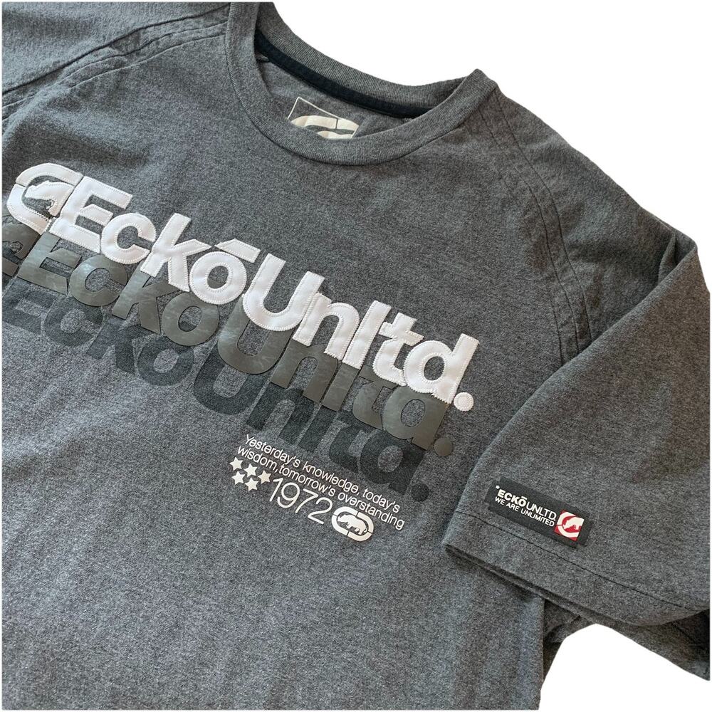 Ecko Unltd. Gray Spell Out T-Shirt Sz XL White Embroidered Y2K Streetwear Skater